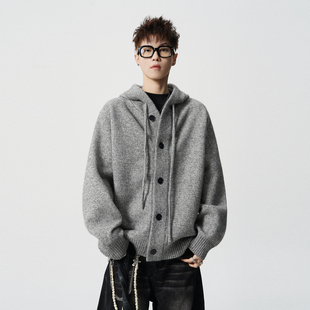 悟空有货美式复古灰色连帽开衫毛衣男女潮牌慵懒风情侣针织衫外套