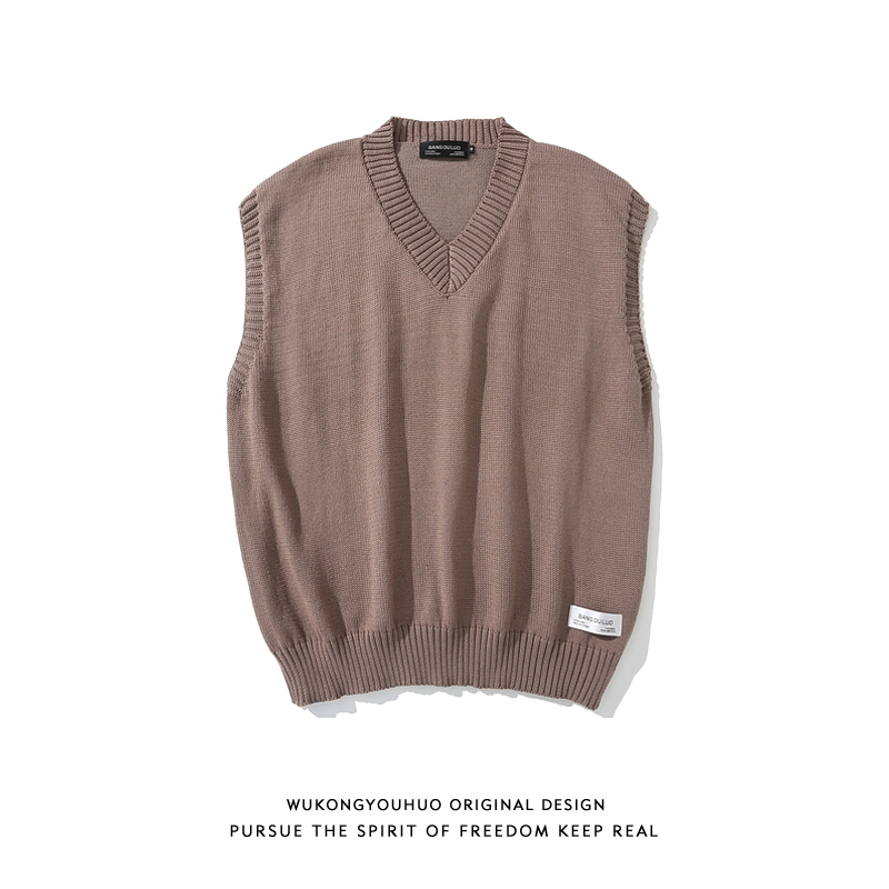 悟空有货日系复古无袖学院风针织马甲潮牌宽松V领针织衫背心男女
