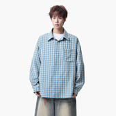 悟空有货街头复古撞色格子长袖 衬衫 男女潮牌宽松情侣休闲百搭衬衣