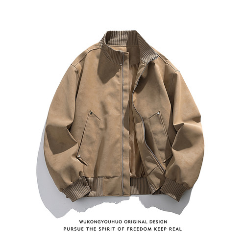 美式潮牌复古PU皮拼接立领夹克男