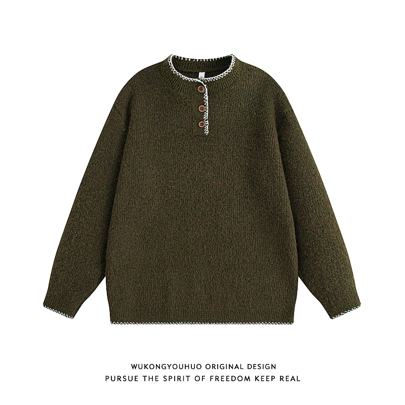 手缝线亨利领套头毛衣男秋季宽松