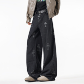 男街头宽松潮流阔腿百搭长裤 悟空有货美式 高街刺绣水洗直筒牛仔裤