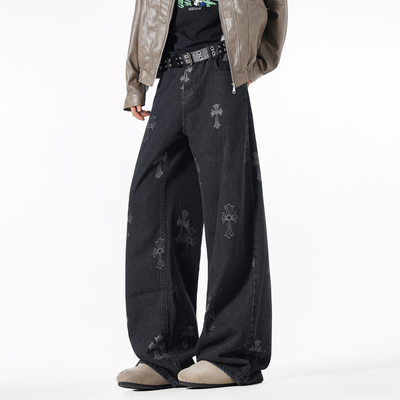美式高街刺绣水洗直筒牛仔裤男