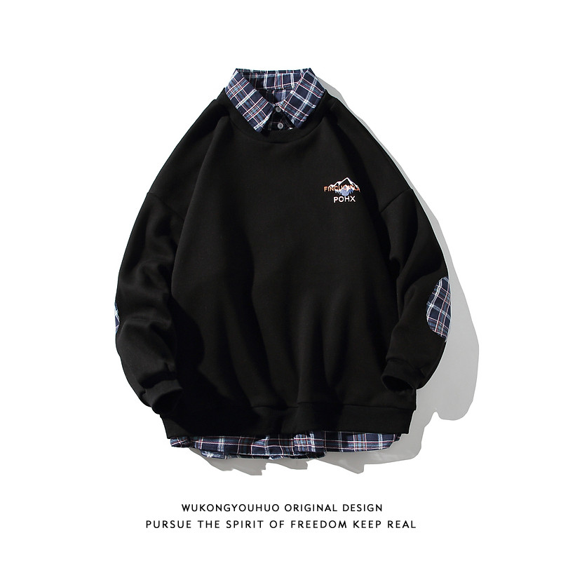 WUKONG 재고 있음 남성용 및 여성용 레트로 페이크 투피스 체크 무늬 스플라이스 라펠 스웨트 셔츠 트렌디 브랜드 루즈 칼리지 스타일 올 매치 탑