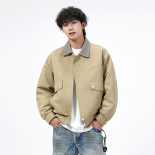 悟空有货春季潮牌千鸟格翻领工装外套男美式宽松情侣百搭休闲夹克