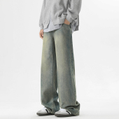 男复古宽松潮流百搭阔腿长裤 悟空有货美式 潮牌做旧水洗直筒牛仔裤