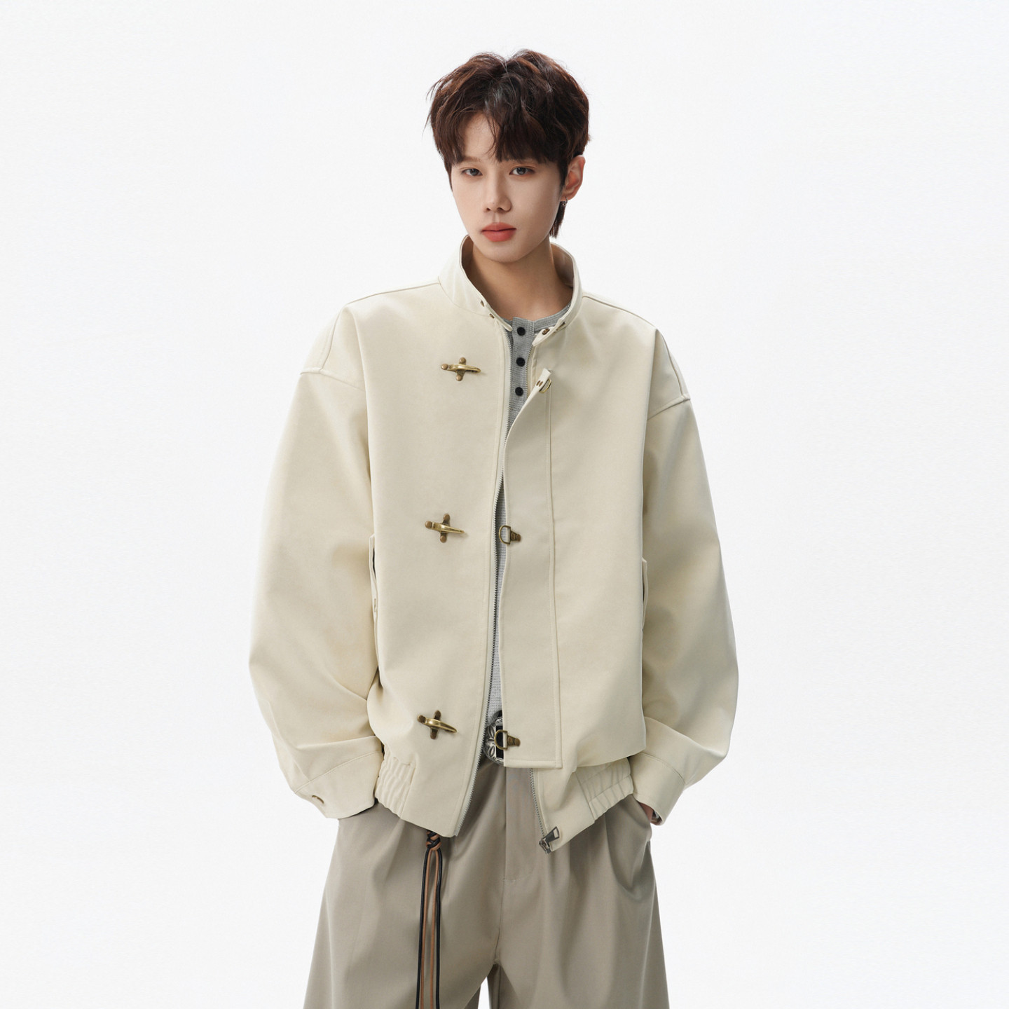 悟空有货美式潮牌飞机扣立领夹克男复古宽松潮流百搭休闲工装外套