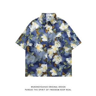 男女潮牌情侣宽松休闲衬衣 衬衫 悟空有货夏季 复古港风花卉满印短袖