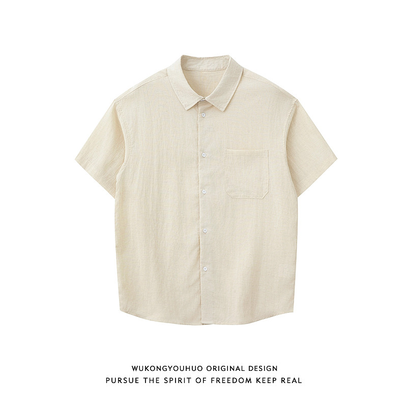 悟空有货夏季莱赛尔亚麻纯色短袖衬衫男复古宽松休闲情侣百搭衬衣