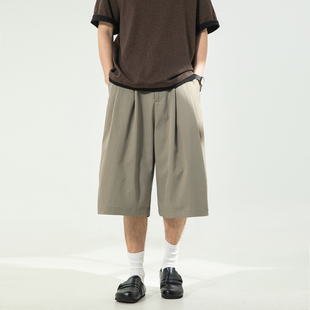 男复古街头宽松百搭阔腿休闲中裤 悟空有货潮牌夏季 纯色直筒七分裤