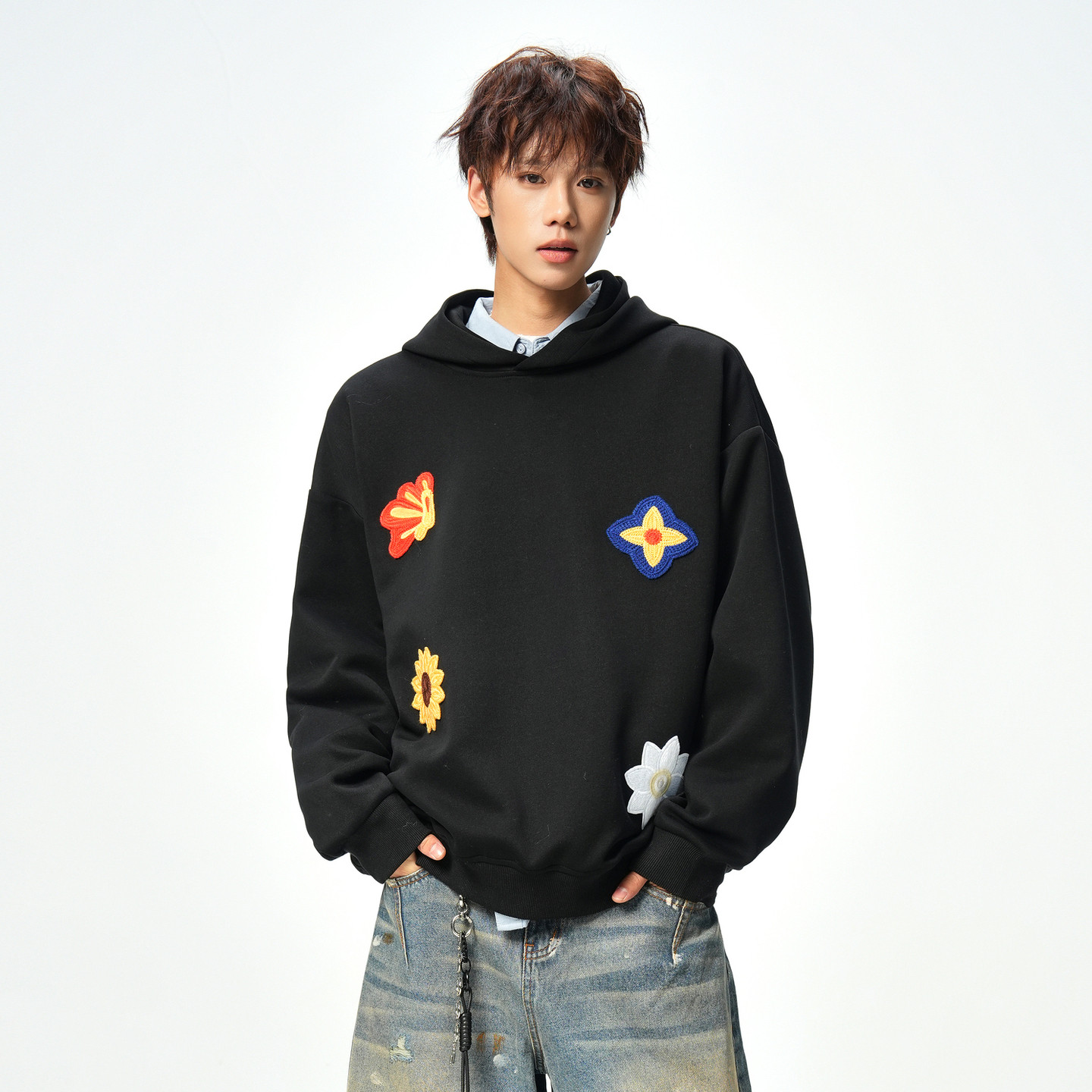 悟空有货美式复古贴布撞色重磅连帽卫衣男女春季潮牌情侣宽松帽衫