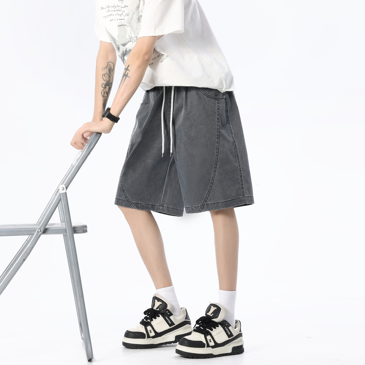 悟空有货夏季仿牛仔解构水洗休闲五分裤男女潮牌宽松百搭阔腿短裤