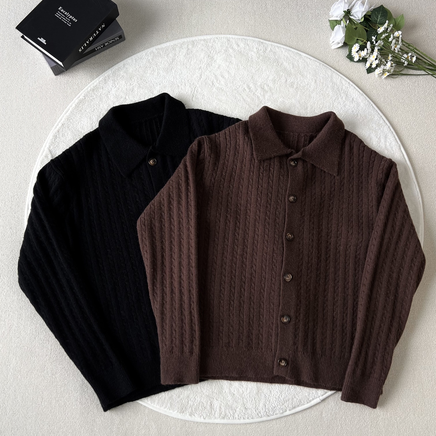 悟空有货美式高智感POLO领开衫毛衣男复古情侣休闲短款针织衫外套