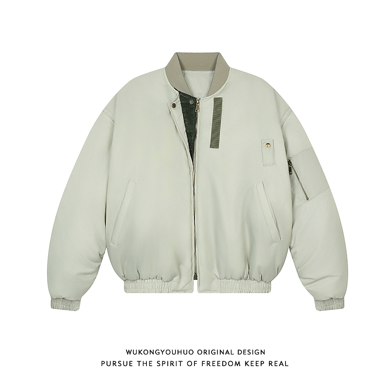 悟空有货欧美嘻哈纯色加厚棒球服棉衣男女潮牌宽松保暖飞行员外套