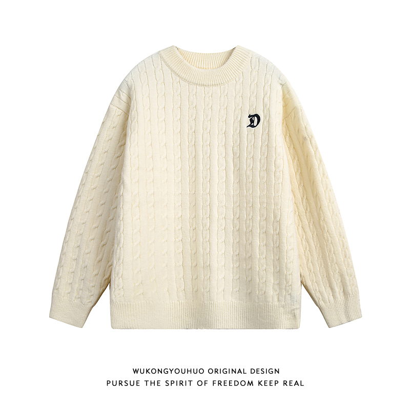 悟空有货复古麻花宽松圆领针织衫男女秋冬百搭情侣休闲毛衣打底衫