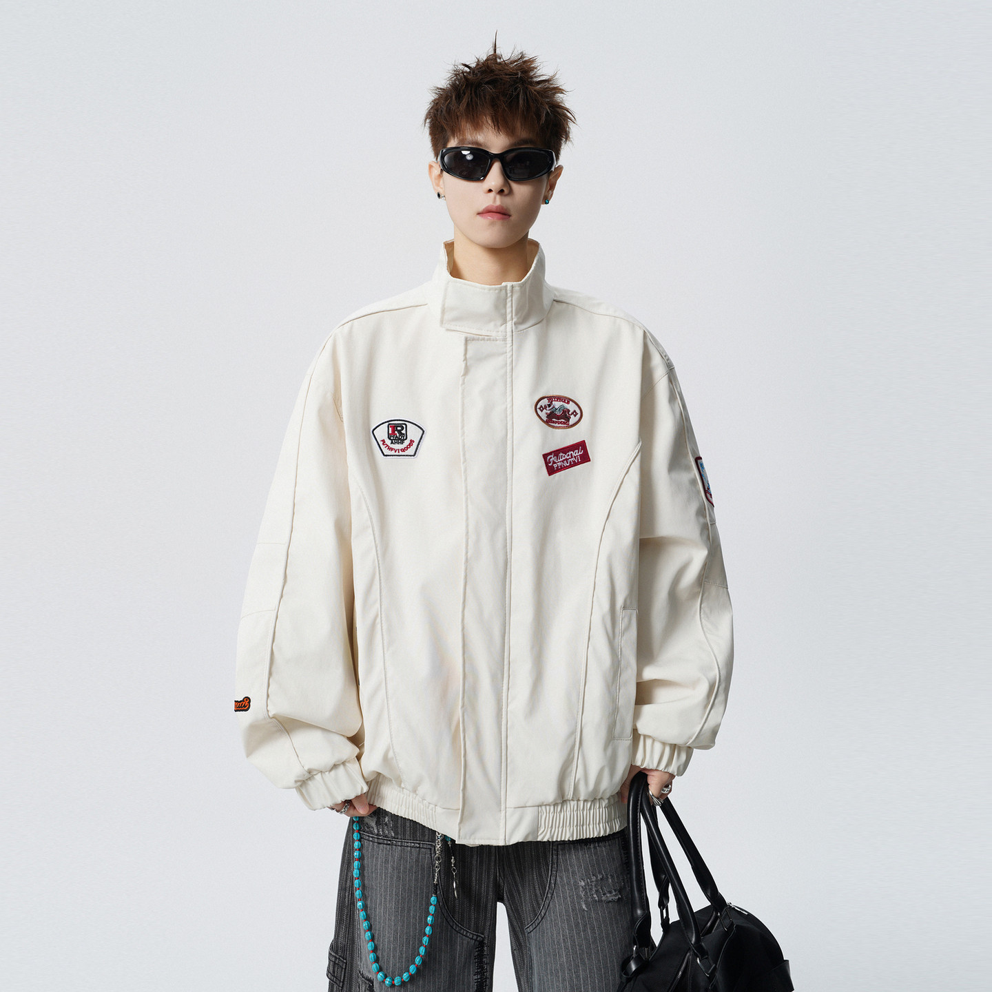 悟空有货潮牌美式刺绣拼接立领夹克男女春季情侣宽松百搭休闲外套