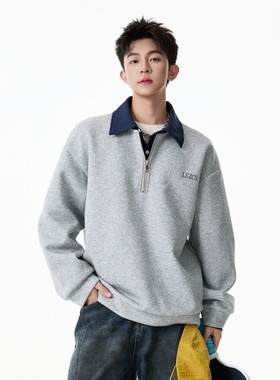 悟空有货美式复古撞色假两件长袖POLO衫男潮牌宽松百搭半拉链卫衣