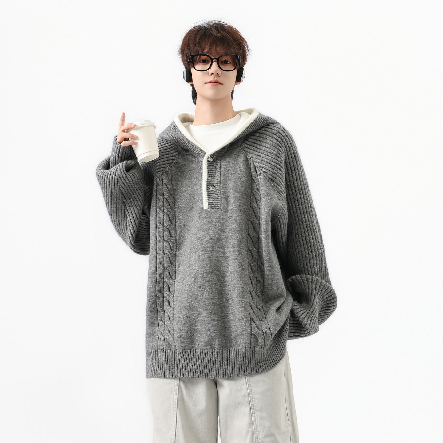 悟空有货复古慵懒风撞色扭花连帽针织衫男女秋季情侣宽松套头毛衣,男装,针织衫/毛衣,淘宝优惠券,粉丝福利购,淘宝优惠卷