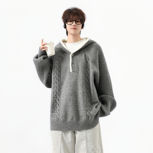 悟空有货复古慵懒风撞色扭花连帽针织衫男女秋季情侣宽松套头毛衣