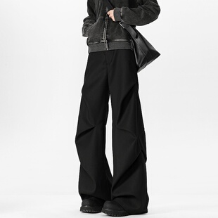 男复古宽松直筒垂感百搭黑色西裤 悟空有货美式 小众褶皱微喇休闲裤