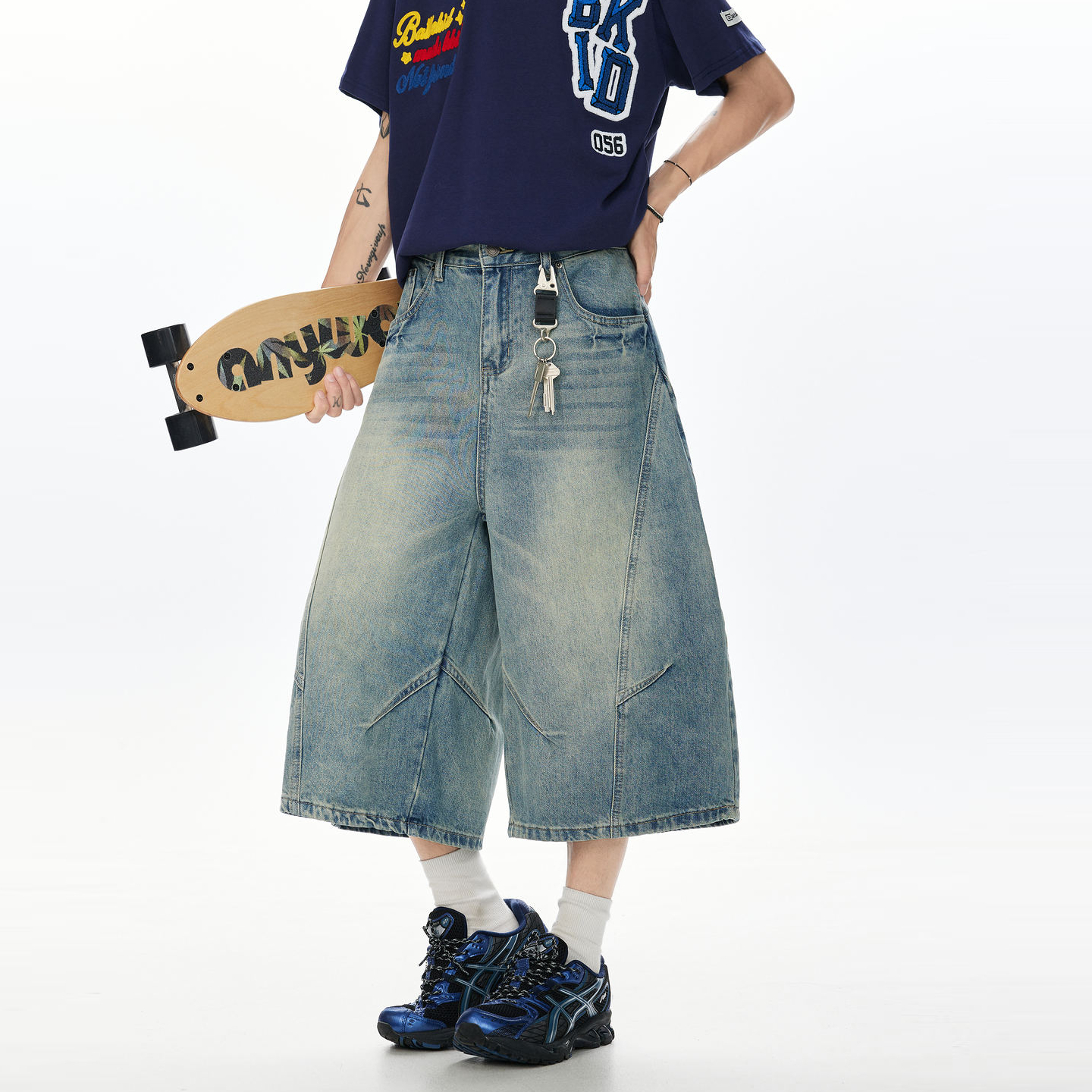 美式复古廓形解构弯刀牛仔短裤