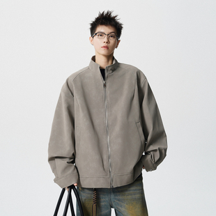 悟空有货美式复古纯色PU皮立领外套男潮牌秋季宽松机车服百搭夹克