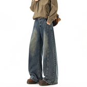 男复古宽松潮流阔腿长裤 悟空有货潮牌美式 解构拼接水洗直筒牛仔裤