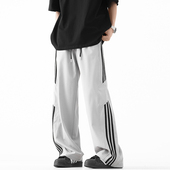 男复古街头宽松百搭休闲长裤 悟空有货潮牌美式 条纹直筒抽绳运动裤