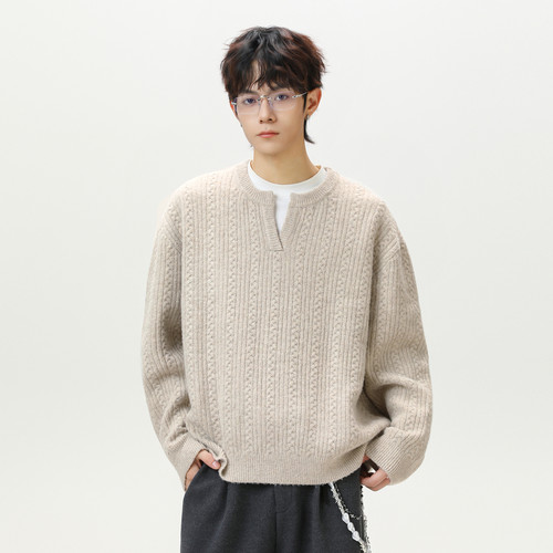 美式复古亨利领V领毛衣男女秋季