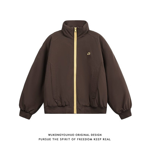 美式简约刺绣撞色加厚立领棉服男