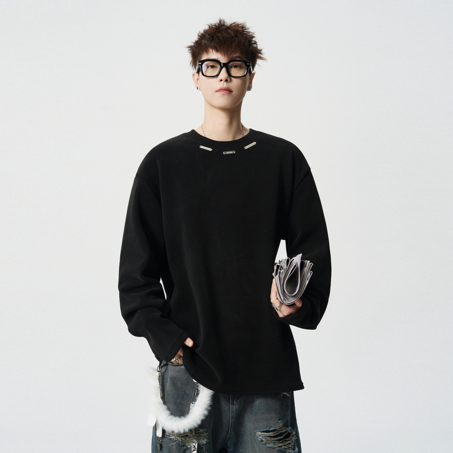 悟空有货美式金属标圆领加绒长袖T恤男潮牌宽松德绒加厚打底上衣