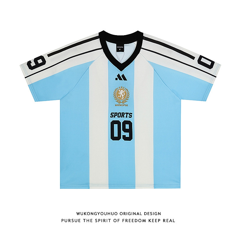 悟空有货美式学院风撞色V领短袖T恤男女夏季宽松情侣运动百搭球服