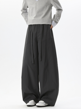 悟空有货潮牌腰带松紧拼接弯刀垂感西裤男复古宽松百搭阔腿休闲裤