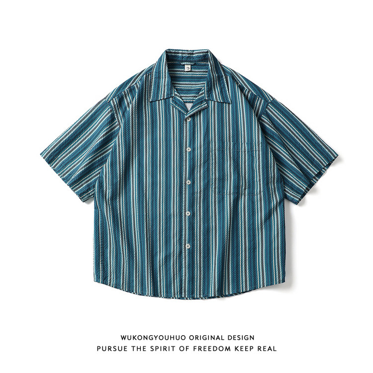 悟空有货古巴领港风复古条纹衬衫男女夏季薄款肌理感休闲短袖衬衣