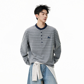 上衣 T恤男潮牌拼色亨利领打底衫 悟空有货美式 复古条纹腊肠狗长袖