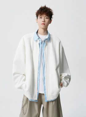 春季条纹假两件拼接长袖衬衫男