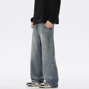 男宽松cleanfit百搭阔腿长裤 悟空有货美式 潮牌水洗做旧直筒牛仔裤