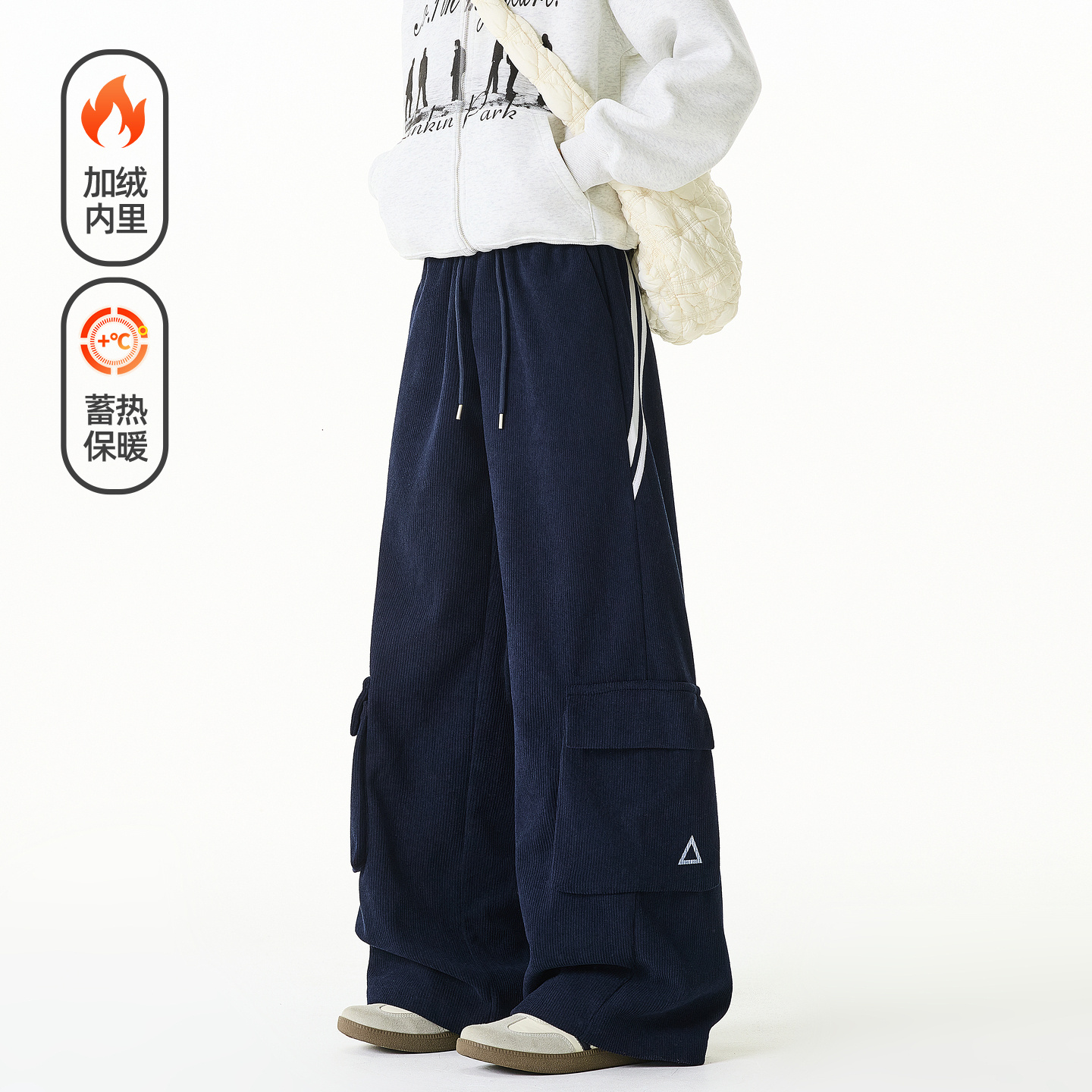 潮牌美式灯芯绒加绒加厚工装裤男