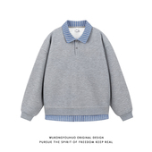 领卫衣 男韩系高级感华夫格衬衫 悟空有货假两件格纹拼接长袖 polo衫