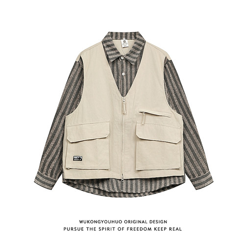 日系复古假两件拼接工装衬衫男