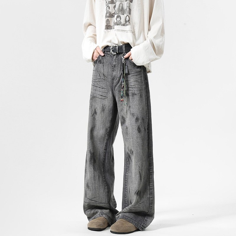 悟空有货美式高街cleanfit做旧水洗牛仔裤男复古宽松阔腿百搭长裤