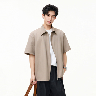 悟空有货美式复古不规则拉链短袖衬衫男女夏季宽松设计感高街衬衣