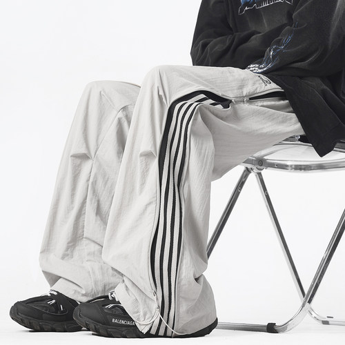 潮牌美式拉链条纹运动伞兵裤男