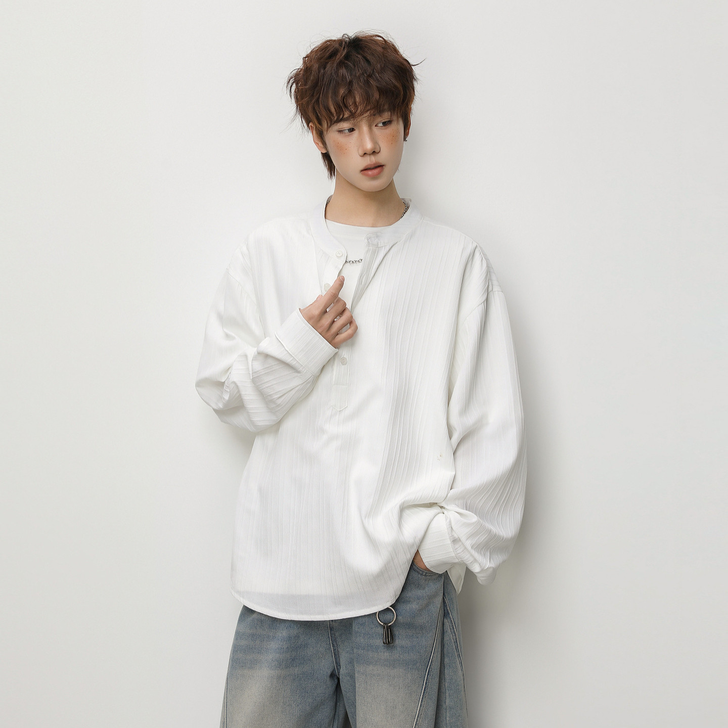 悟空有货春季潮牌肌理感亨利领长袖T恤男宽松设计感百搭休闲上衣,男装,T恤,淘宝优惠券,粉丝福利购,淘宝优惠卷