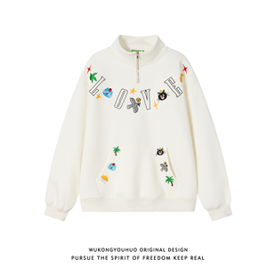 悟空有货冬季 潮牌加绒百搭休闲上衣 字母刺绣半拉链套头卫衣男秋季