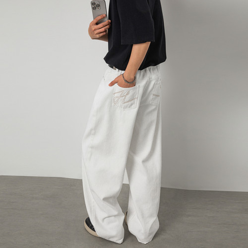 美式白色弯刀牛仔裤男女复古街头