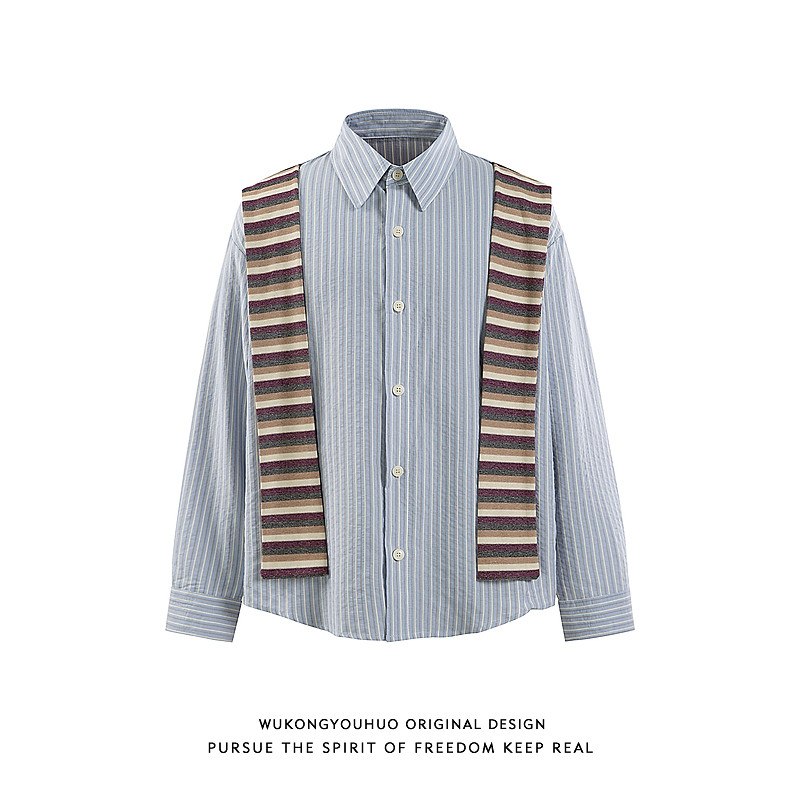 悟空有货潮牌竖条纹拼接设计感长袖衬衫男女春季情侣宽松休闲衬衣,男装,衬衫,淘宝优惠券,粉丝福利购,淘宝优惠卷