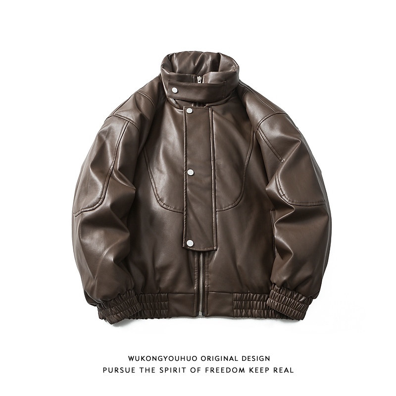 美式PU皮纯色防风保暖羽绒服男