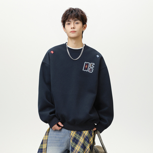 悟空有货民族风几何图形刺绣圆领卫衣男秋季 潮牌宽松休闲套头上衣