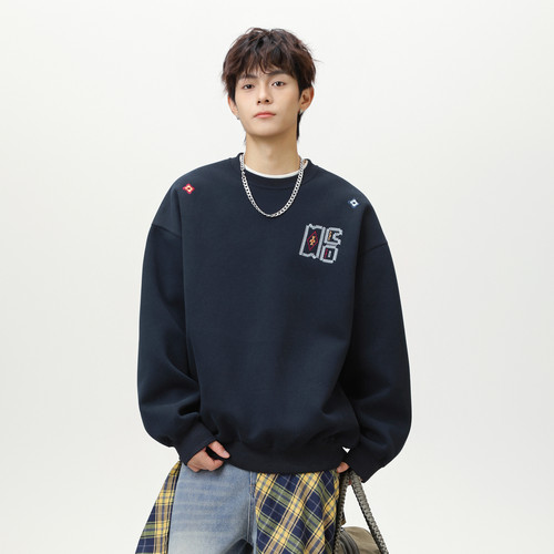 潮牌民族风几何图形刺绣圆领卫衣